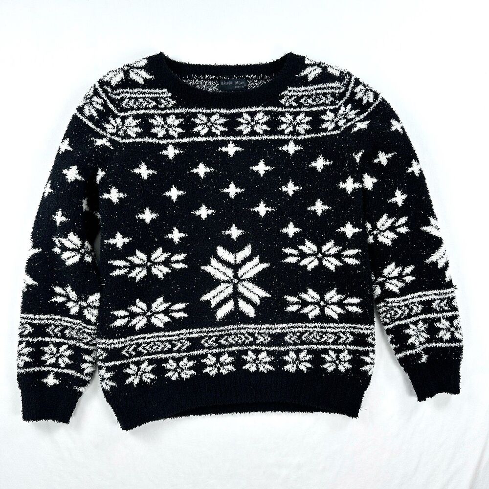 Barefoot Dreams Cozy Chic Sweater Small Black White Snowflake Fair Isle Cozycore